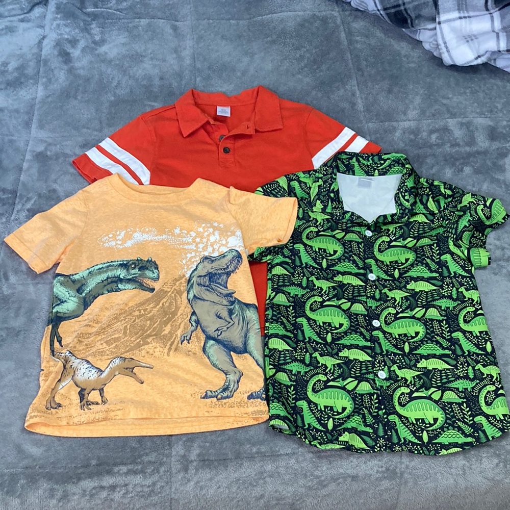 Bundle of boys size 7 (button down dino, double sided carters, polo gymboree